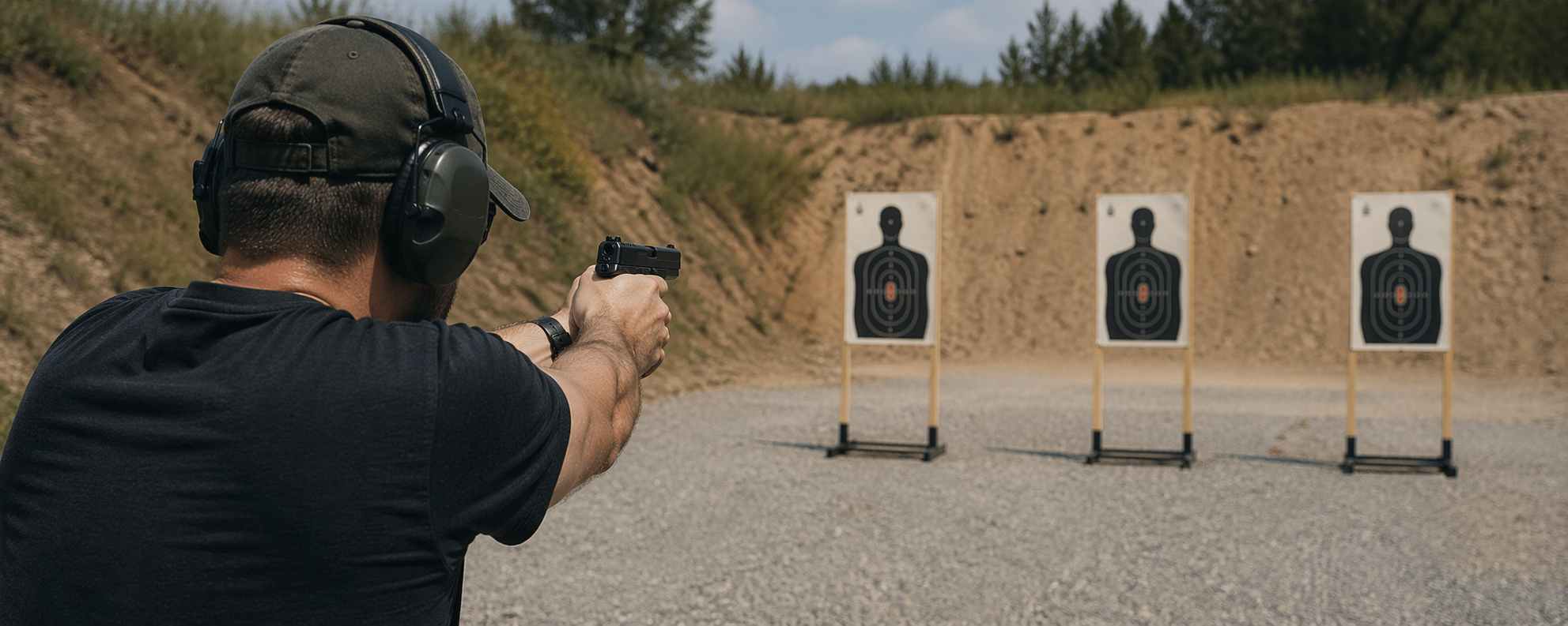 Person at a shooting range aiming a handgun at targets.